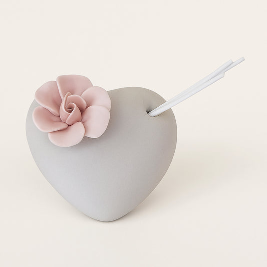 Cuore Ilary Queen in gres tortora diffusore con rosa H 9 cm
