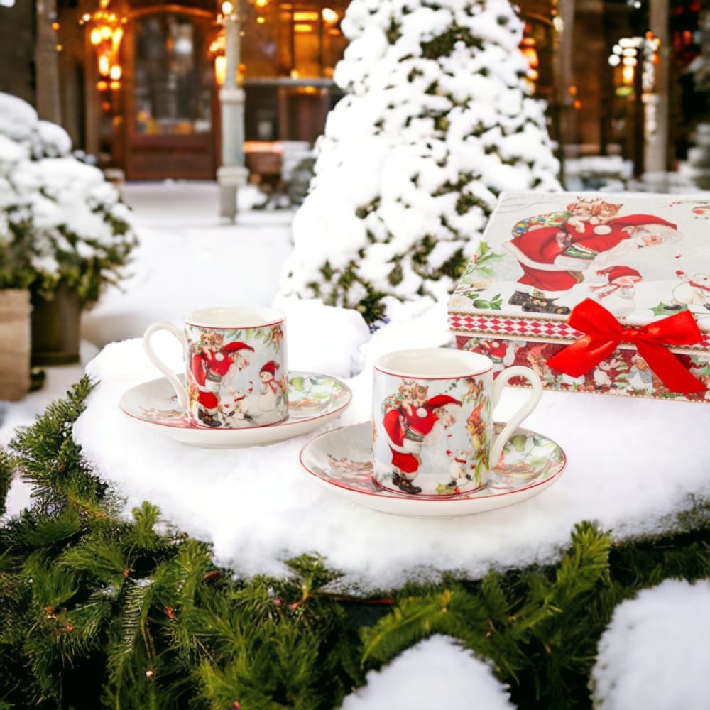 Cuorematto Tazzine Da Caffè  Coppia 2 Pz Santa Claus Con Scatola Regalo Natale Christmas