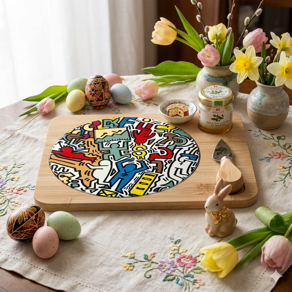 Cuorematto – Tagliere 25x22 cm con Coltello e Miele Linea Graffiti "Keith Haring"