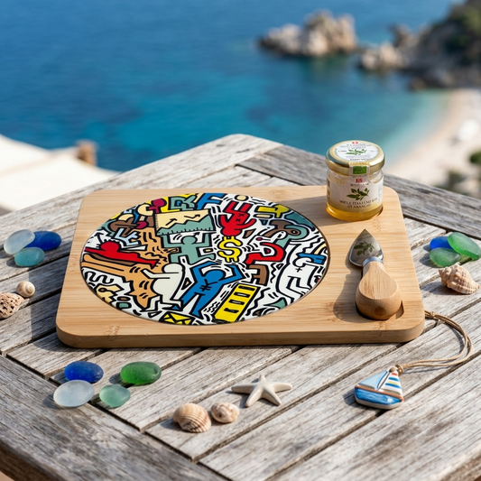 Cuorematto – Tagliere 25x22 cm con Coltello e Miele Linea Graffiti "Keith Haring"