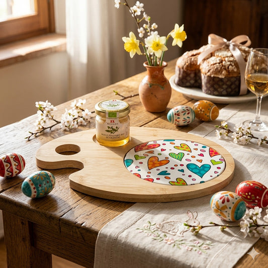 Cuorematto – Tagliere Tavolozza con Cuoricini e Miele Bio (18x24 cm)