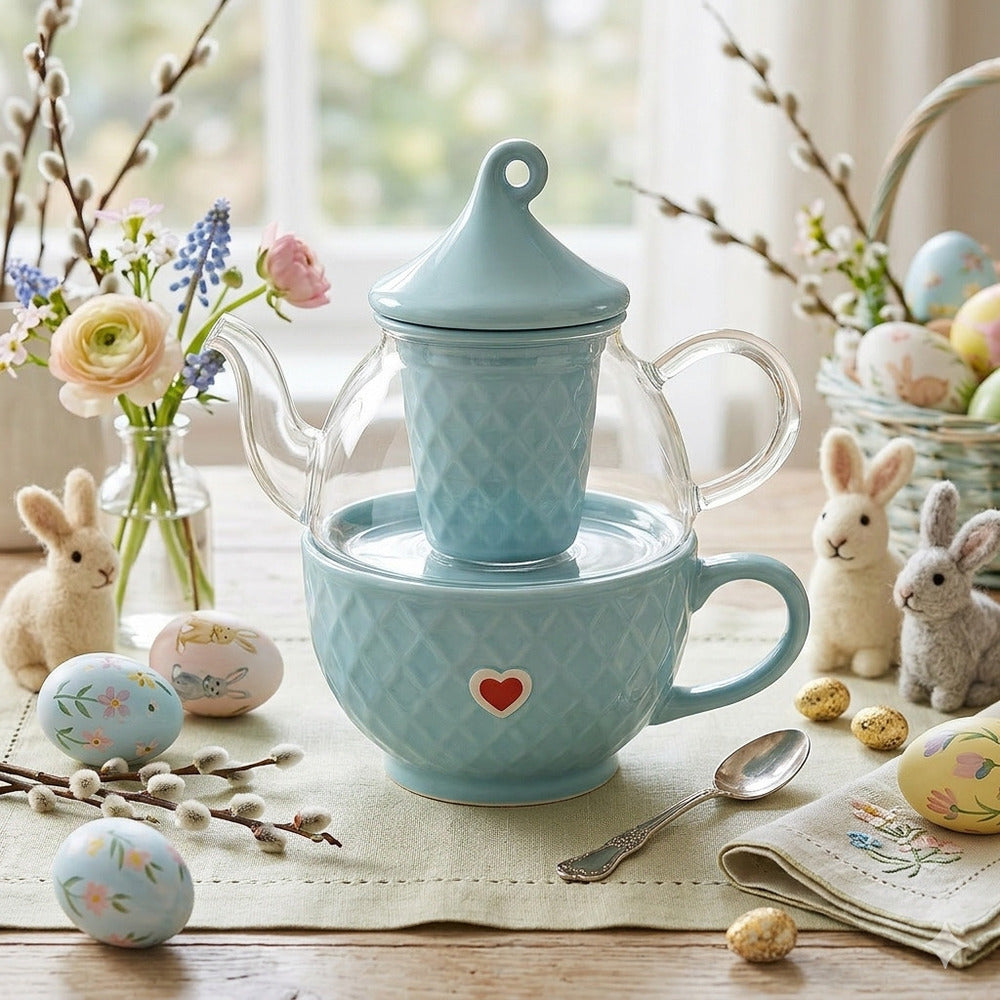 Cuorematto Tisaniera Vetro con Filtro D5617 Azzurro Polvere H17 cm