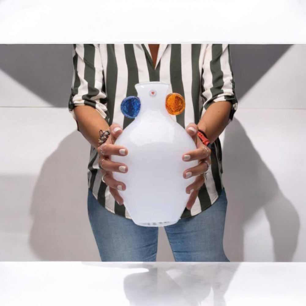 Cuorematto Vaso in Vetro 28 cm Bianco Ambra e Bleu Design d9002