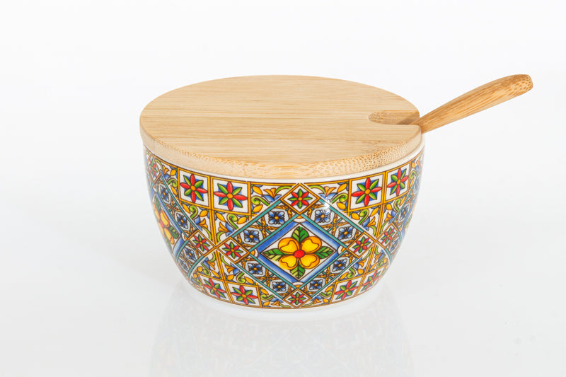 Cuorematto – Zuccheriera Mediterraneo in Porcellana e tappo in legno 10x6cm