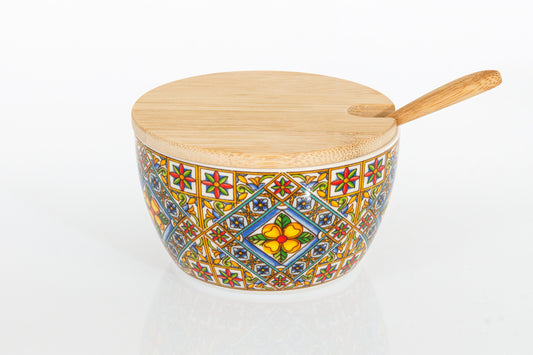 Cuorematto – Zuccheriera Mediterraneo in Porcellana e tappo in legno 10x6cm