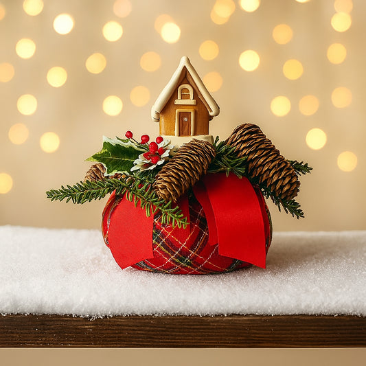 Cuscino profumato Onde Creazioni a forma di casetta in tessuto tartan rosso – H 20 cm – decorazione natalizia artigianale