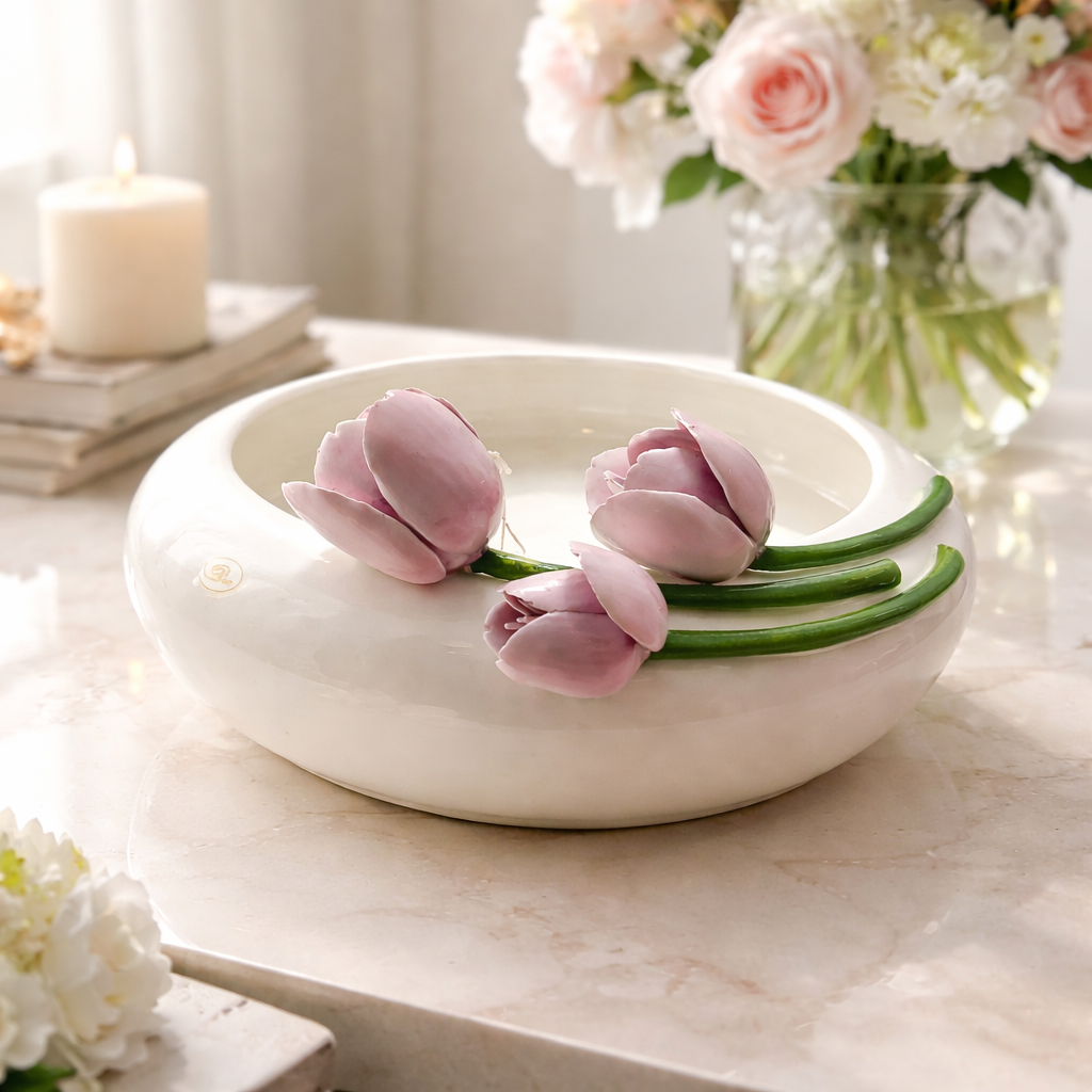 Dea Capodimonte Centrotavola con Tulipani in Ceramica Ø 32 cm