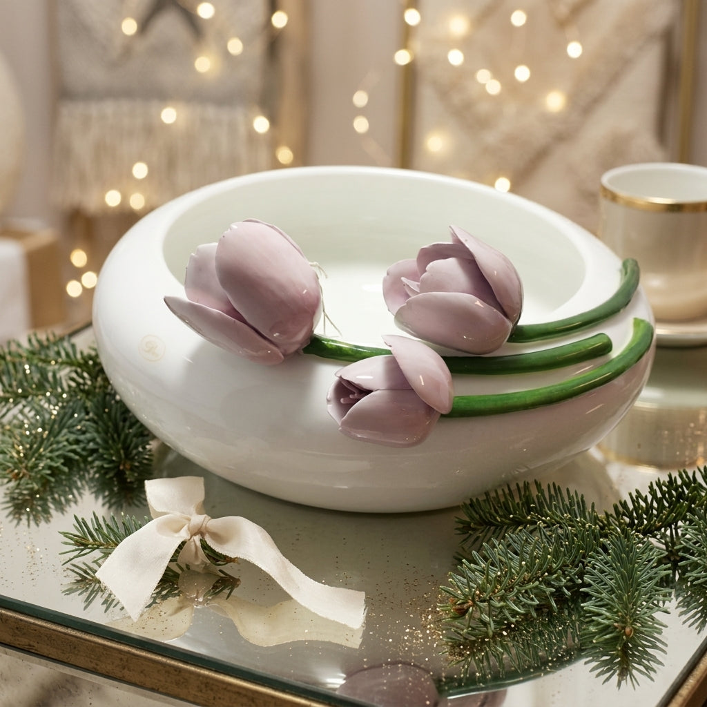 Dea Capodimonte Centrotavola con Tulipani in Ceramica Ø 32 cm