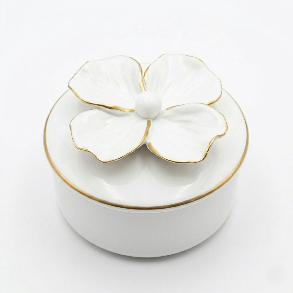 Dea Capodimonte Scatola Porcellana Bianca Fiore Oro Ø13xH9,5