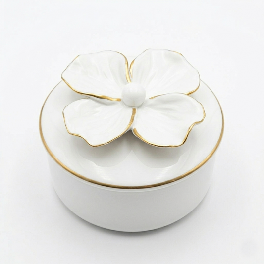 Dea Capodimonte Scatola Porcellana Bianca Fiore Oro Ø13xH9,5