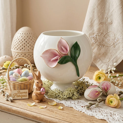 Dea Capodimonte Vaso Bianco con Calla Verde e Cipria H 16x16 cm