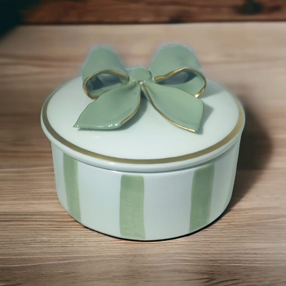 Dea – Scatola Capodimonte Ø10xH7,5 cm Verde Salvia a Coste con Fiocco in Tinta