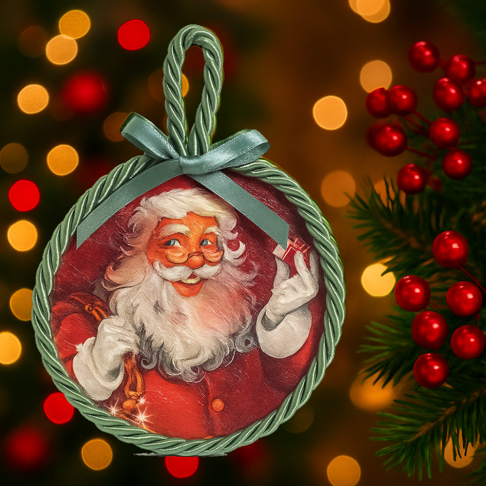 Decorazione natalizia Fiocchi di Luce in corteccia rotonda Ø9,5 cm con Babbo Natale