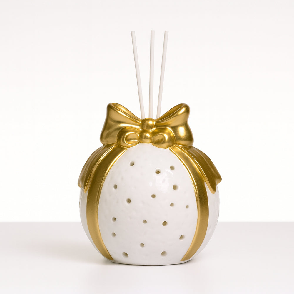 Diffusore d’ambiente Babbomatto LED palla in ceramica bianca Ø 10 cm con fiocco oro