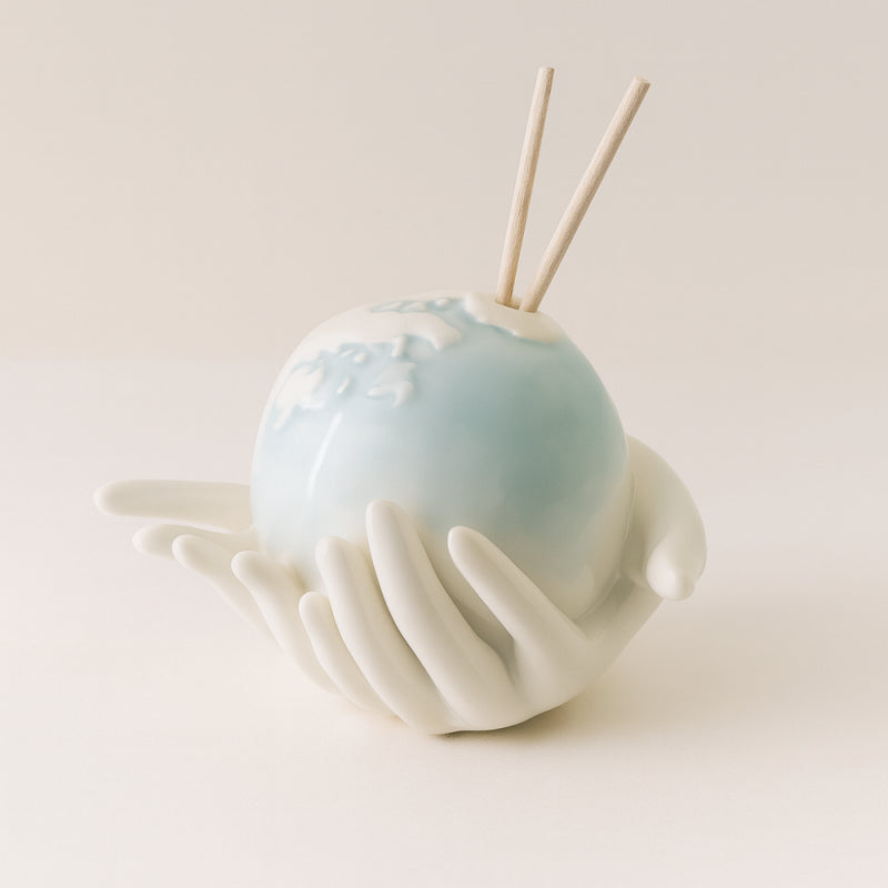 Diffusore d’aroma made in Italy celeste con mondi tra le mani

