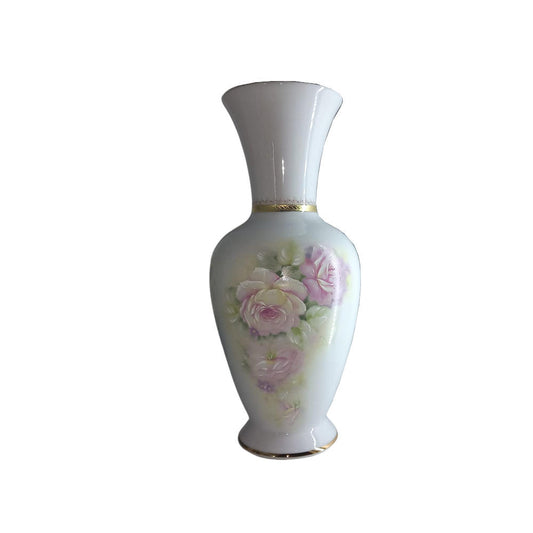 Emmebi Limoges D Etoile Vaso In Porcellana Fine H.27x12 Cm Con Decoro Rose E Filo Oro