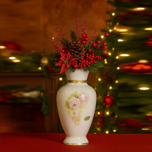 Emmebi Limoges D Etoile Vaso In Porcellana Fine H.27x12 Cm Con Decoro Rose E Filo Oro