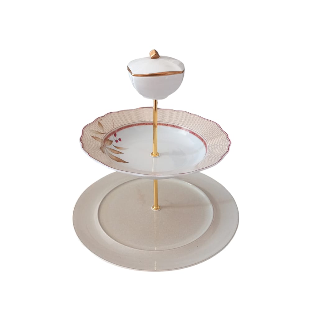 Etagere Alzata 2 Piani in Porcellana Finissima con Dettagli in Oro - H.30x28x23 cm