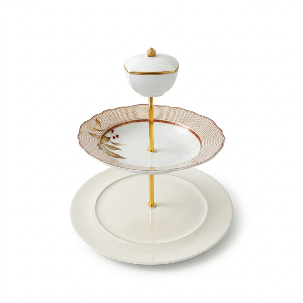 Etagere Alzata 2 Piani in Porcellana con Dettagli Oro H 30x28x23 cm