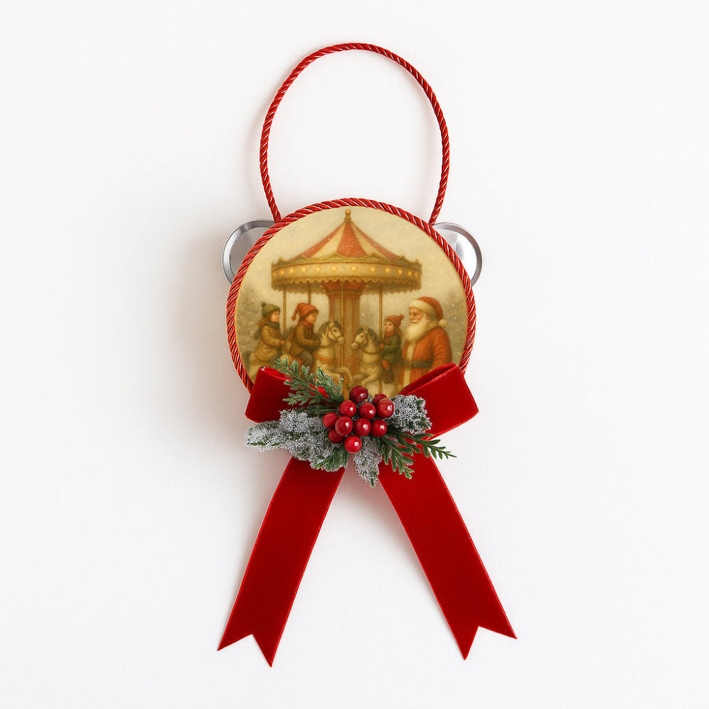 Fiocchi di Luce Christmas Carousel tamorra natalizia Ø10 cm con fiocco velluto rosso e decorazioni