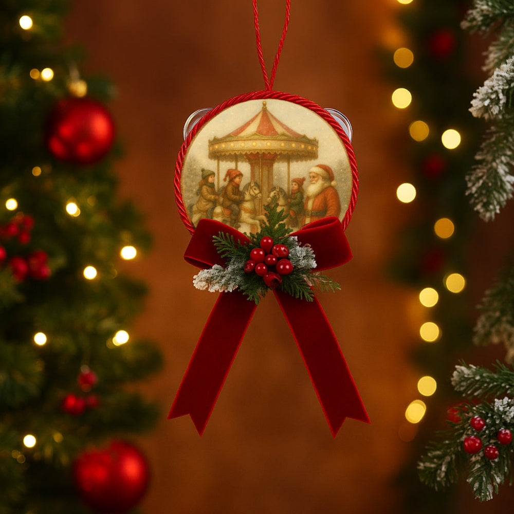 Fiocchi di Luce Christmas Carousel tamorra natalizia Ø10 cm con fiocco velluto rosso e decorazioni