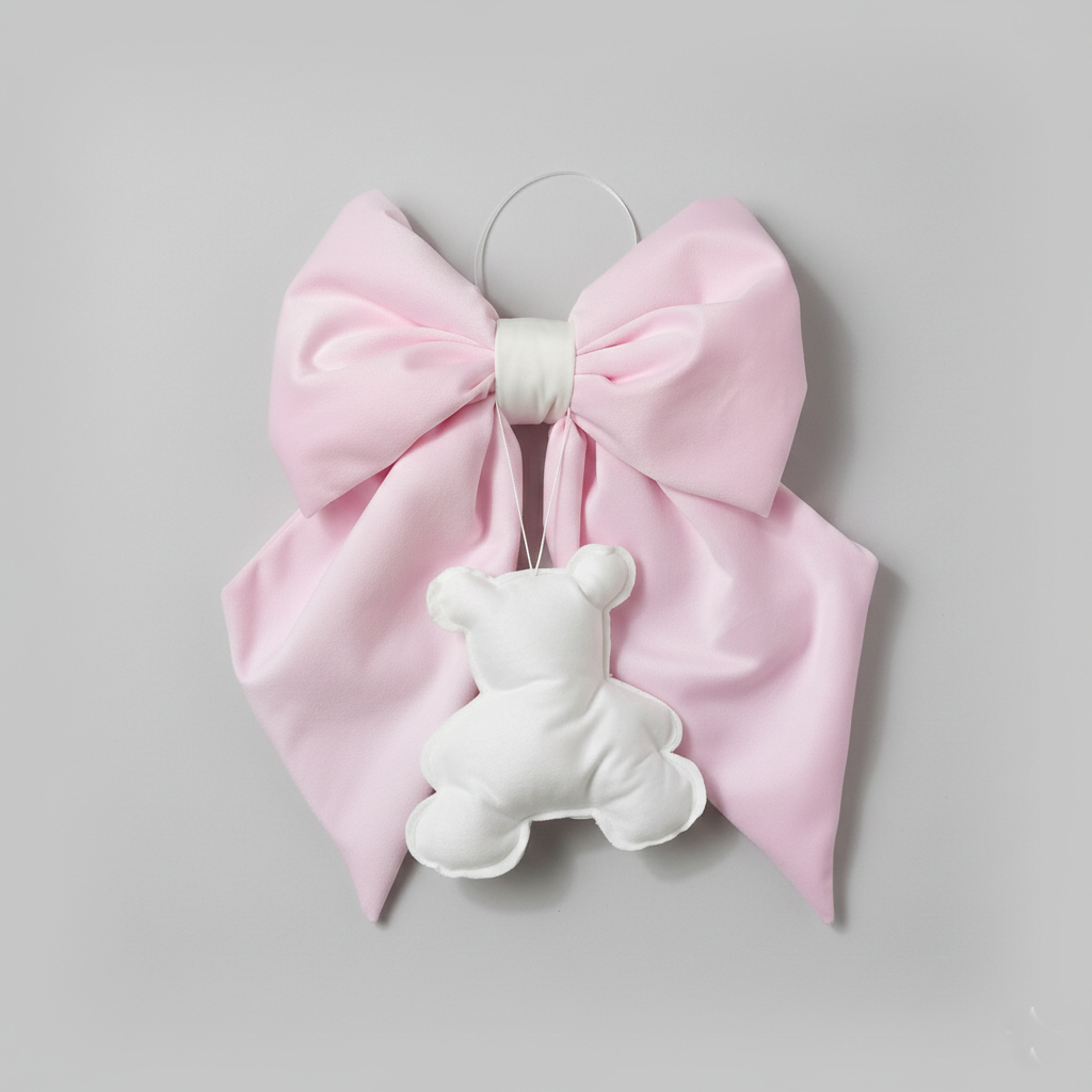 Fiocco fuoriporta nascita Fiocchi di Luce rosa in ciniglia di cotone con orsetto bianco 40x26 cm