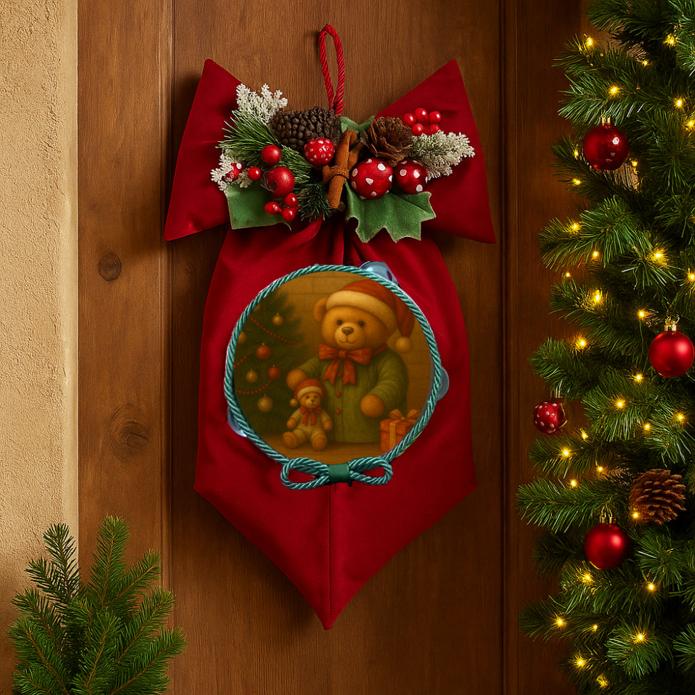 Fiocco natalizio Fiocchi di Luce Orsetto del mio Cuore con tamorra Ø16,5 cm H 45×25 cm artigianale