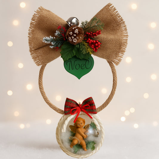 Fuoriporta Natale con angelo Fontanini, fiocco juta e scritta Noel in marmorina 35x22 cm