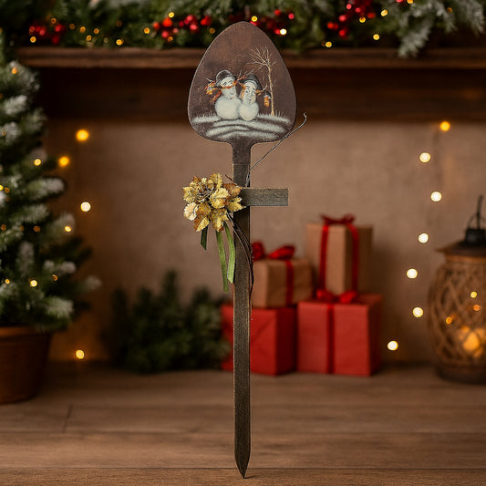 Fuoriporta natalizio 105 cm con pala neve, ghirlanda e fiocco tartan – stile rustico montano