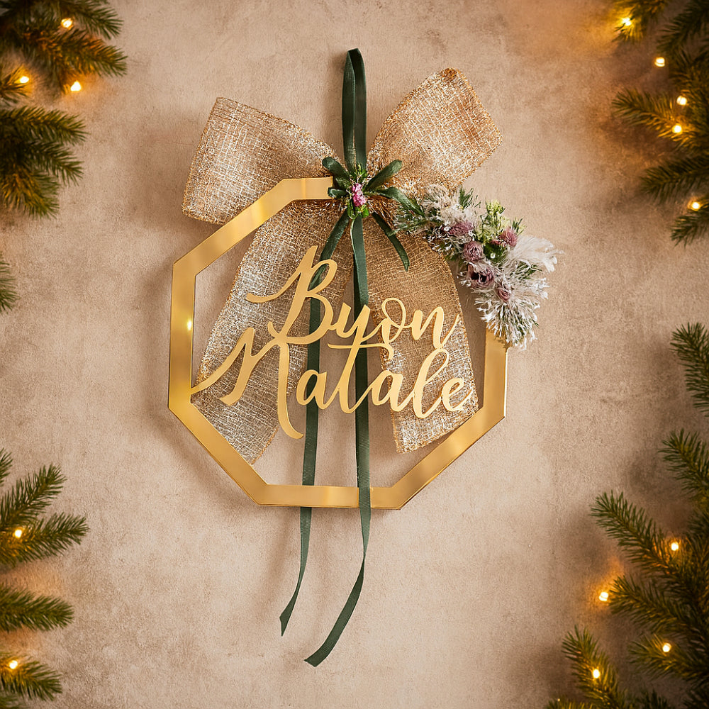 Fuoriporta natalizio in acrilico specchiato oro con scritta Buon Natale Ø 30 cm – decorazione elegante per ingresso