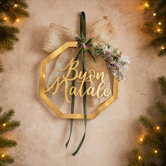 Fuoriporta natalizio in acrilico specchiato oro con scritta Buon Natale Ø 30 cm – decorazione elegante per ingresso