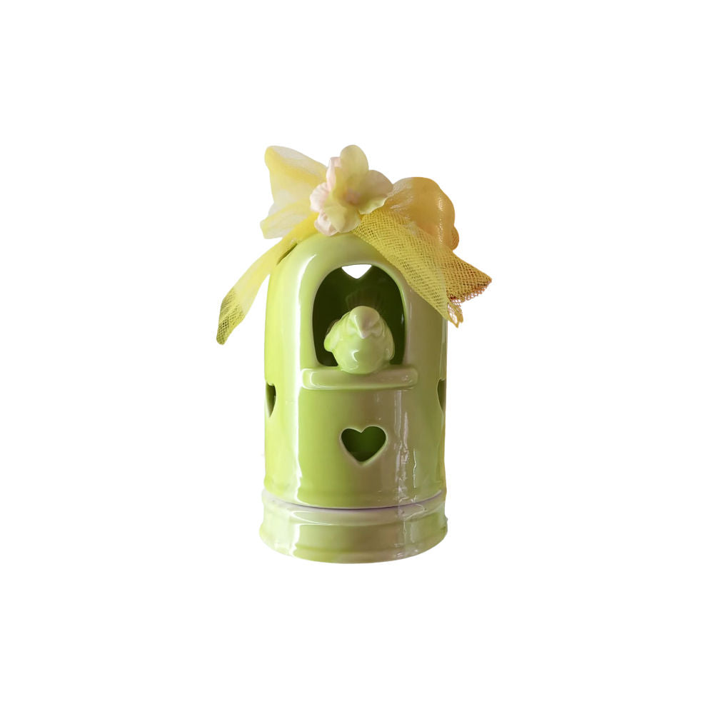 Gabbia porta tea light con Uccellino candela In Ceramica H.15x8 cm Verde Porta Candele