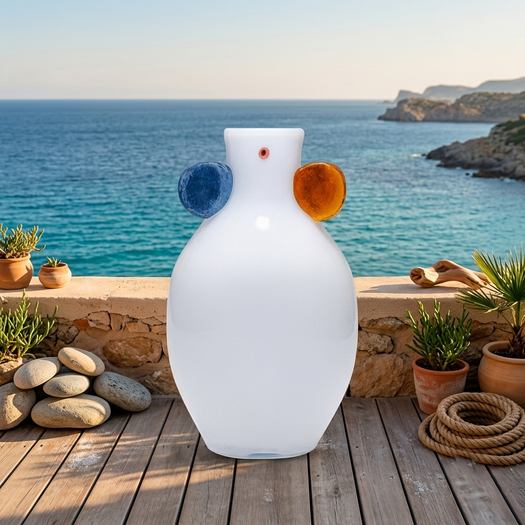 Cuorematto Glass Vase 28 cm White Amber and Blue Design 