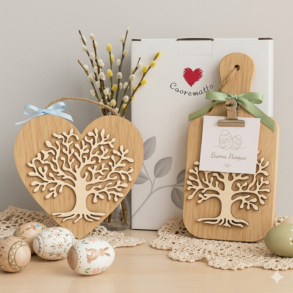 Cuorematto Set Appendino Cuore e Tagliere Porta Note Albero della Vita Legno