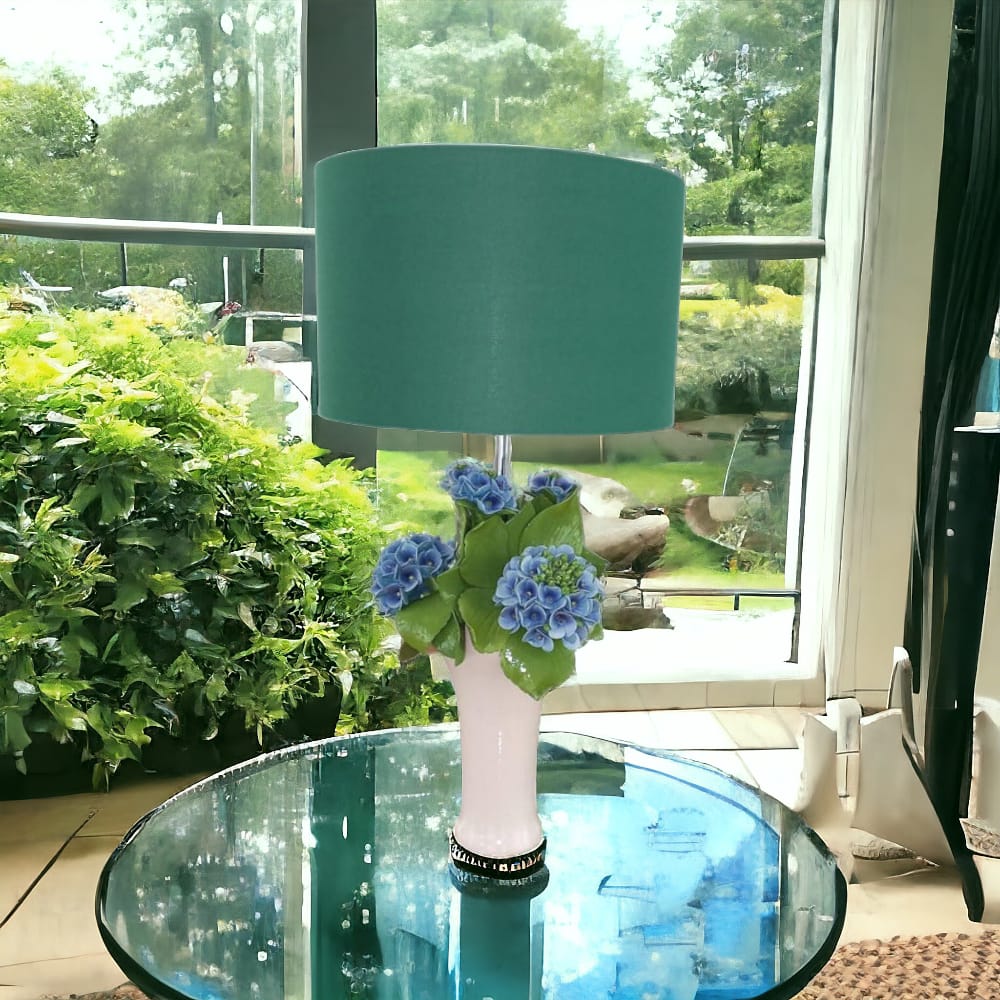 Gli Alberelli Lampada da Tavolo Angela  Decoro Ortensia H.76 cm  con Paralume Verde