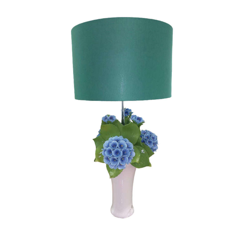 Gli Alberelli Lampada da Tavolo Angela  Decoro Ortensia H.76 cm  con Paralume VerdeGli Alberelli Lampada da Tavolo Angela  Decoro Ortensia H.76 cm  con Paralume Verde