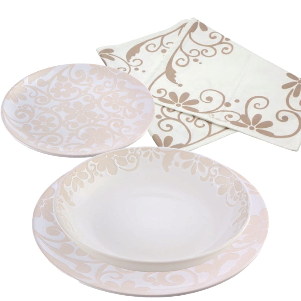 Gli Alberelli Set Tavola Piatti 18pz con Runner Decoro Monocromie in Ceramica Primavera