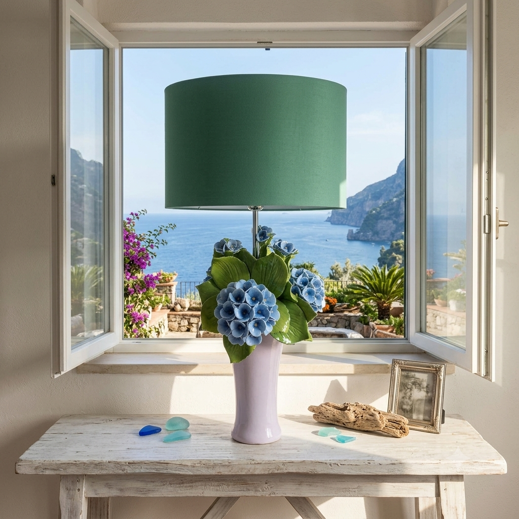 Gli Alberelli Lampada Angela con Ortensie in Ceramica H 76 cm