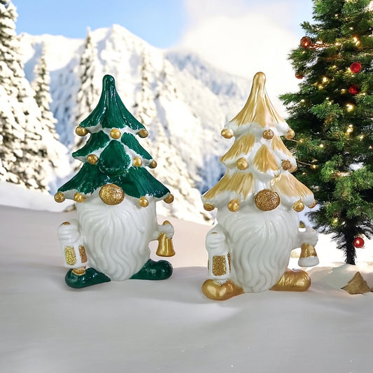 "Gnomo Sharon Alex in porcellana verde e oro con albero di Natale – decorazione natalizia 17x11 cm"

