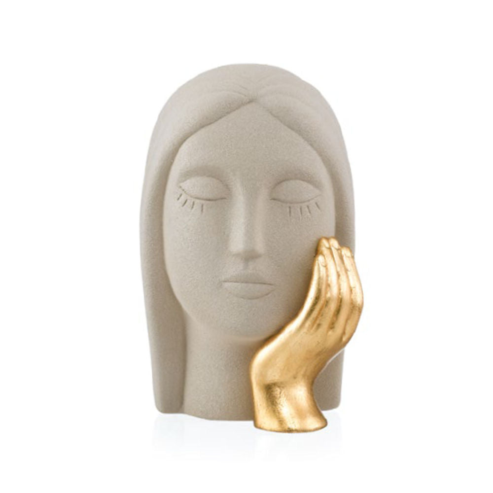 Ilary Queen Statua Volto di Donna con Mano Oro - In Gres Tortora 13x18 Cm