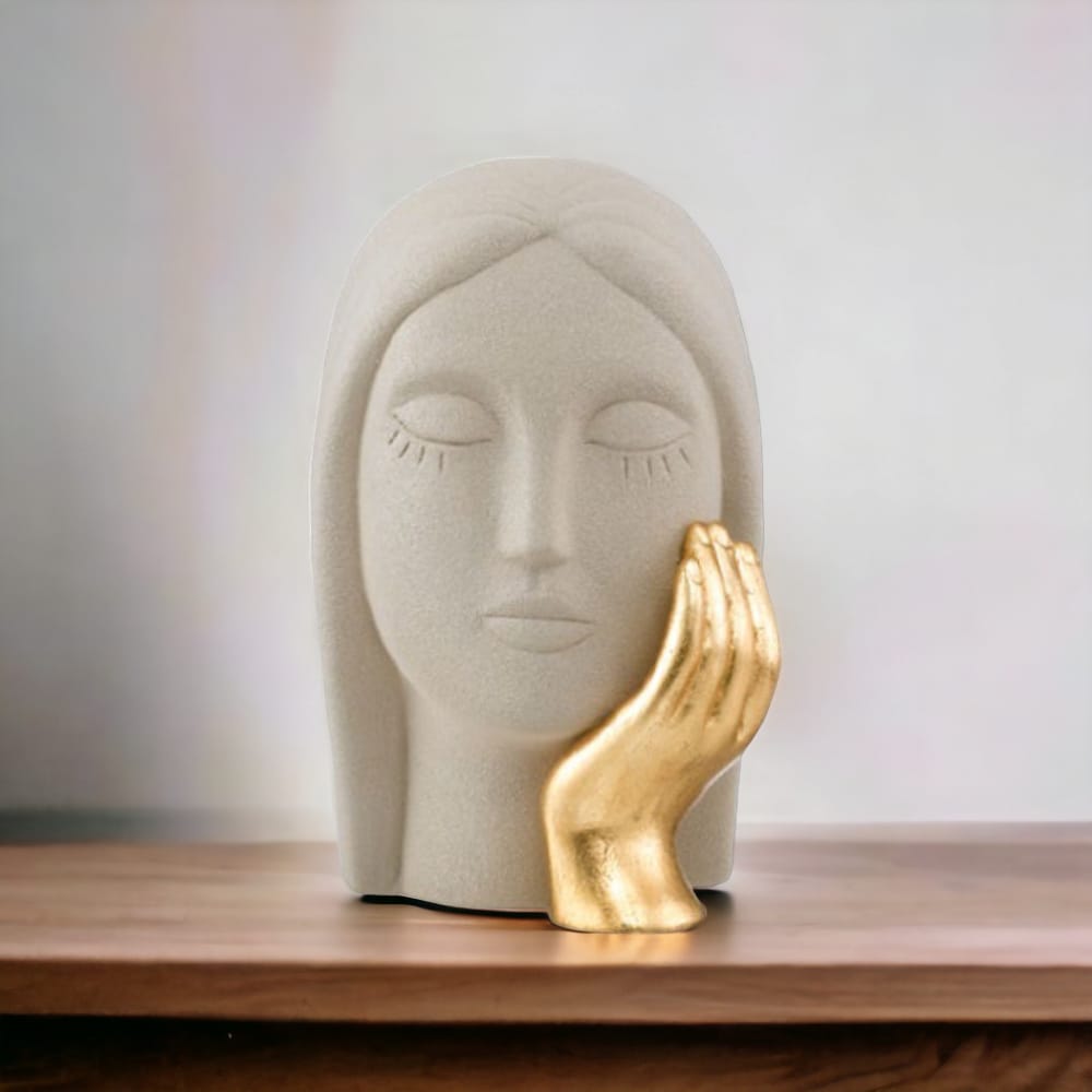 Ilary Queen Statua Volto di Donna con Mano Oro - In Gres Tortora 13x18 Cm