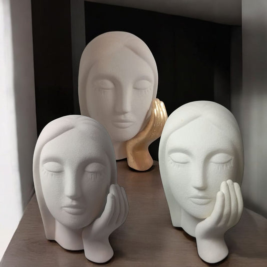 Ilary Queen - Statua Volto di Donna con Mano in Gres Bianco o Tortora 18cm