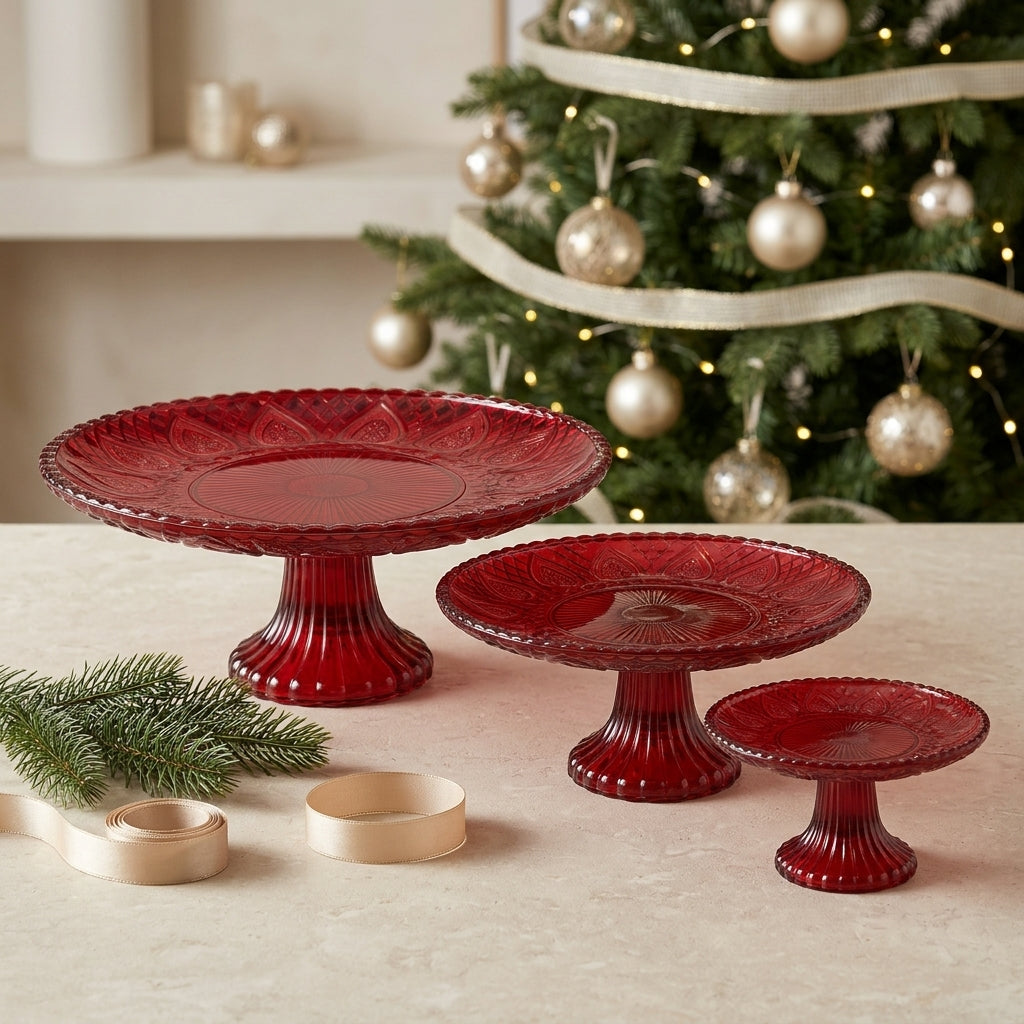 Ilary Queen Alzatina Vetro Rosso Decorato Ø25×H9,5 cm