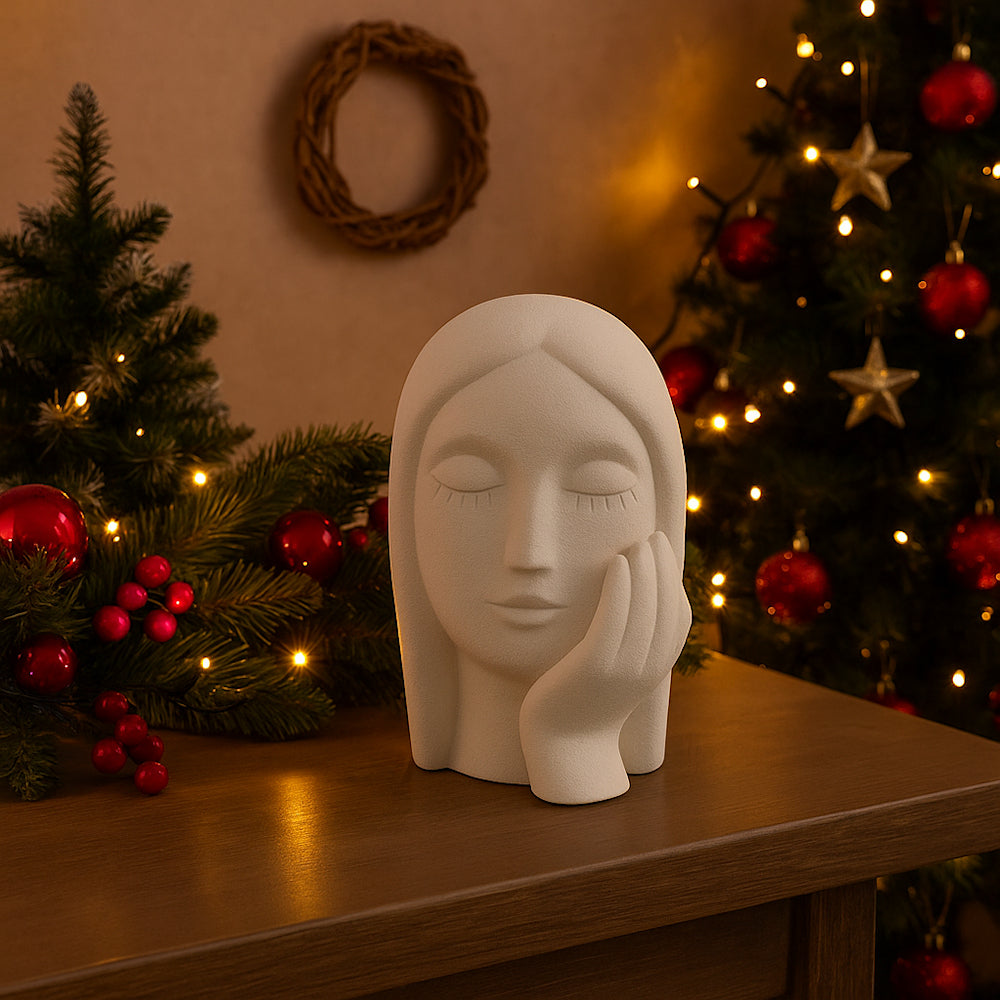 Ilary Queen Statua Volto di Donna con Mano - In Gres Bianco 13x18 Cm