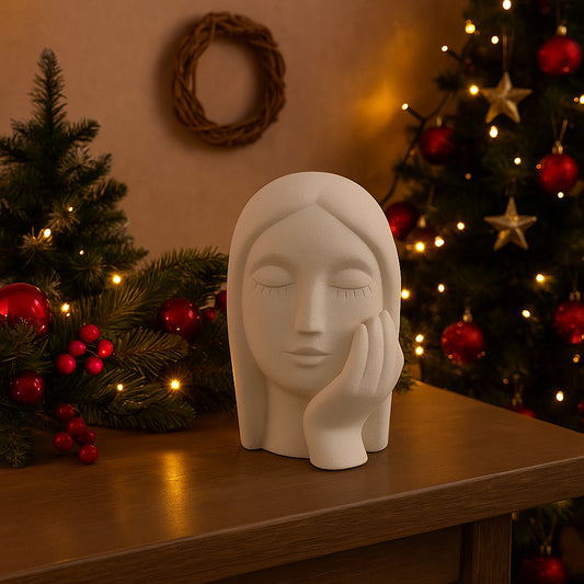 Ilary Queen Statua Volto di Donna con Mano - In Gres Bianco 13x18 Cm