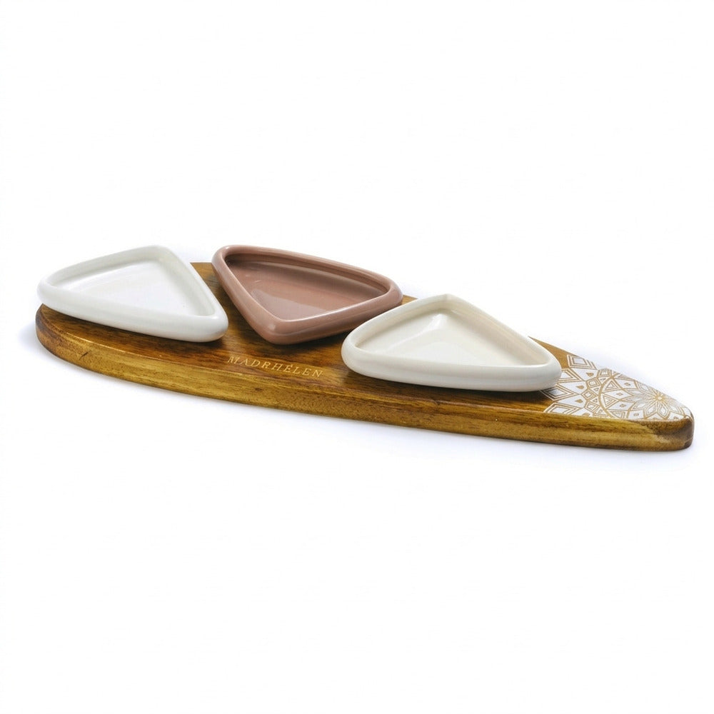 Madrhelen Antipastiera 3 Ciotole Porcellana Legno 36x11 Linea Geometric