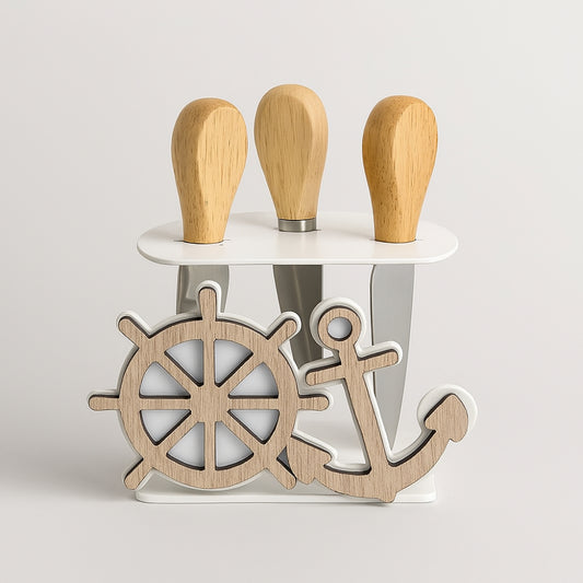 Negò – Porta Set Formaggio 3 Coltelli in Metallo Bianco Mare (15x14 cm)