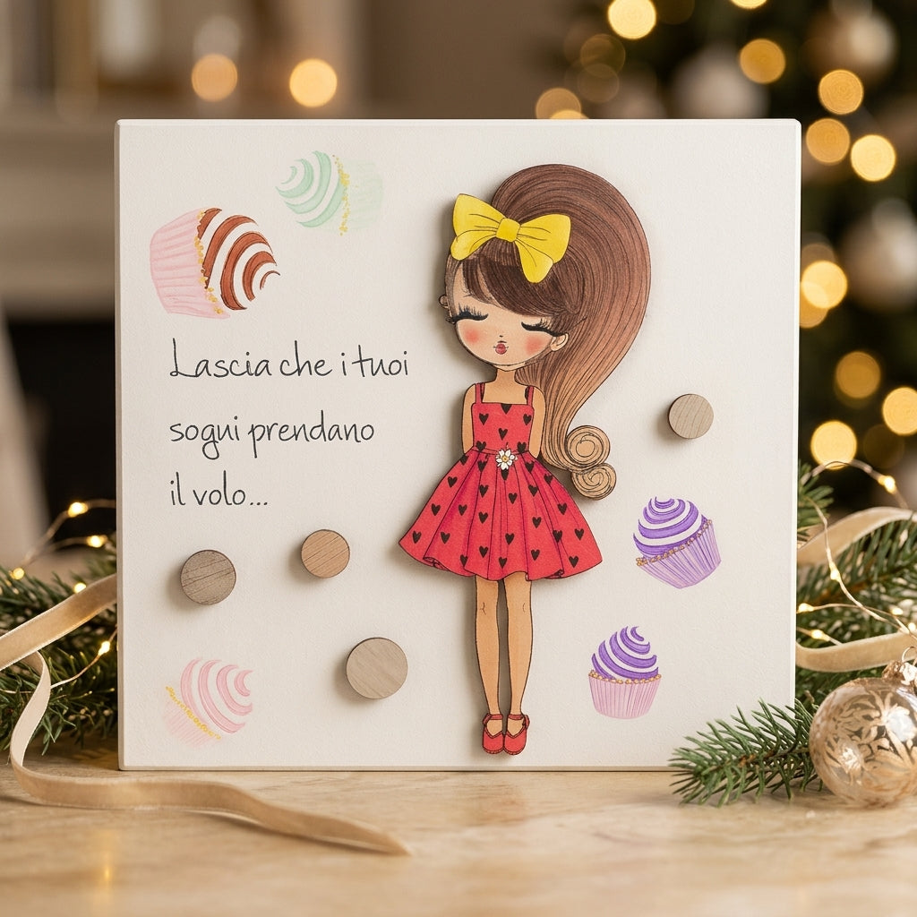 Negò Quadretto Legno con Bambolina Dolls Tag 25x25 cm Made in Italy