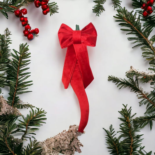 Onde Creazioni Corno Decorativo con fiocco Velluto Rosso Decorazioni Albero di Natale L.35 cm