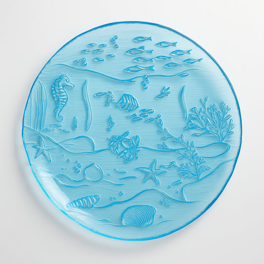 Piatto vetro blu Cive Ø 32 cm decoro marino sottopiatto charger

